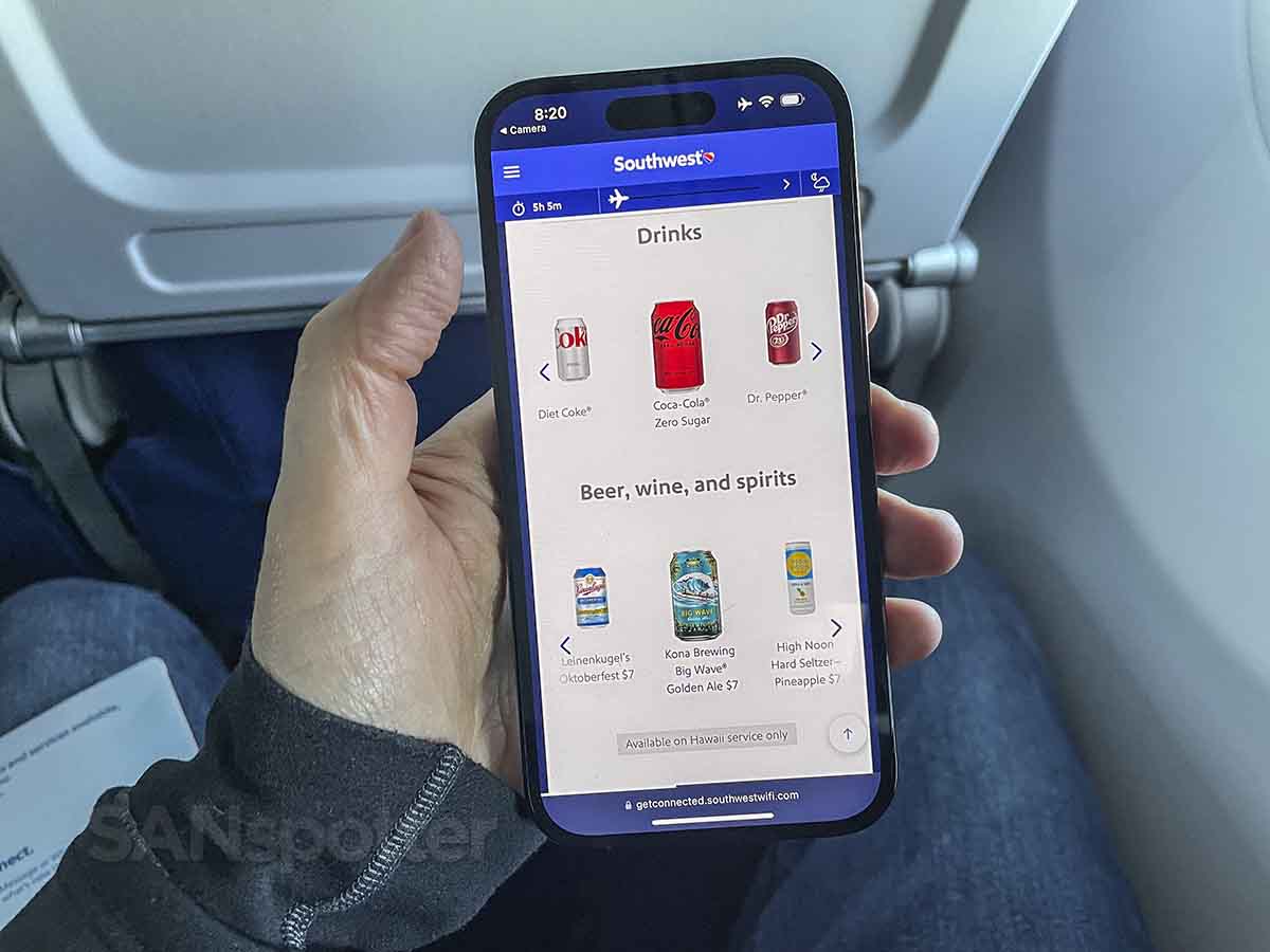 Southwest Airlines Business Select premium drink menu