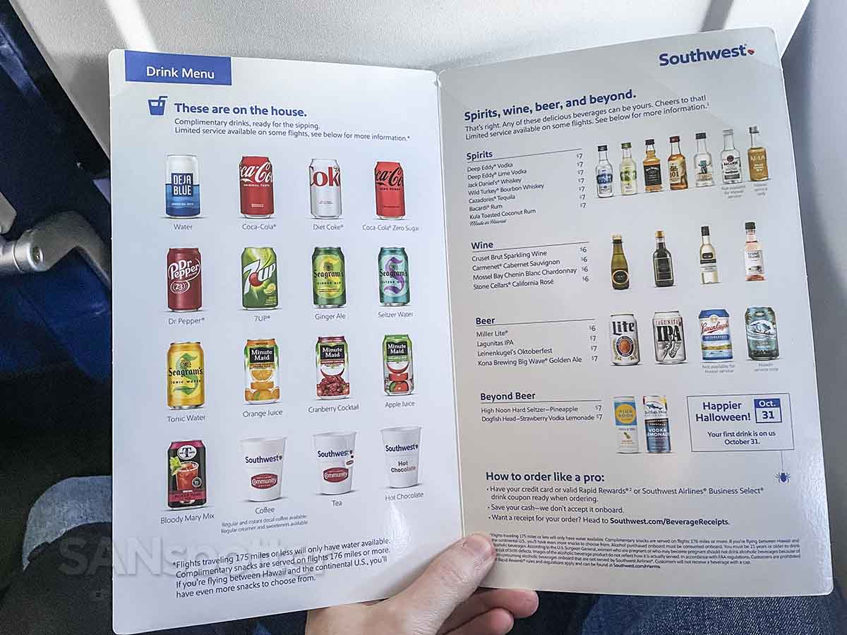 Southwest Airlines Business Select drink menu