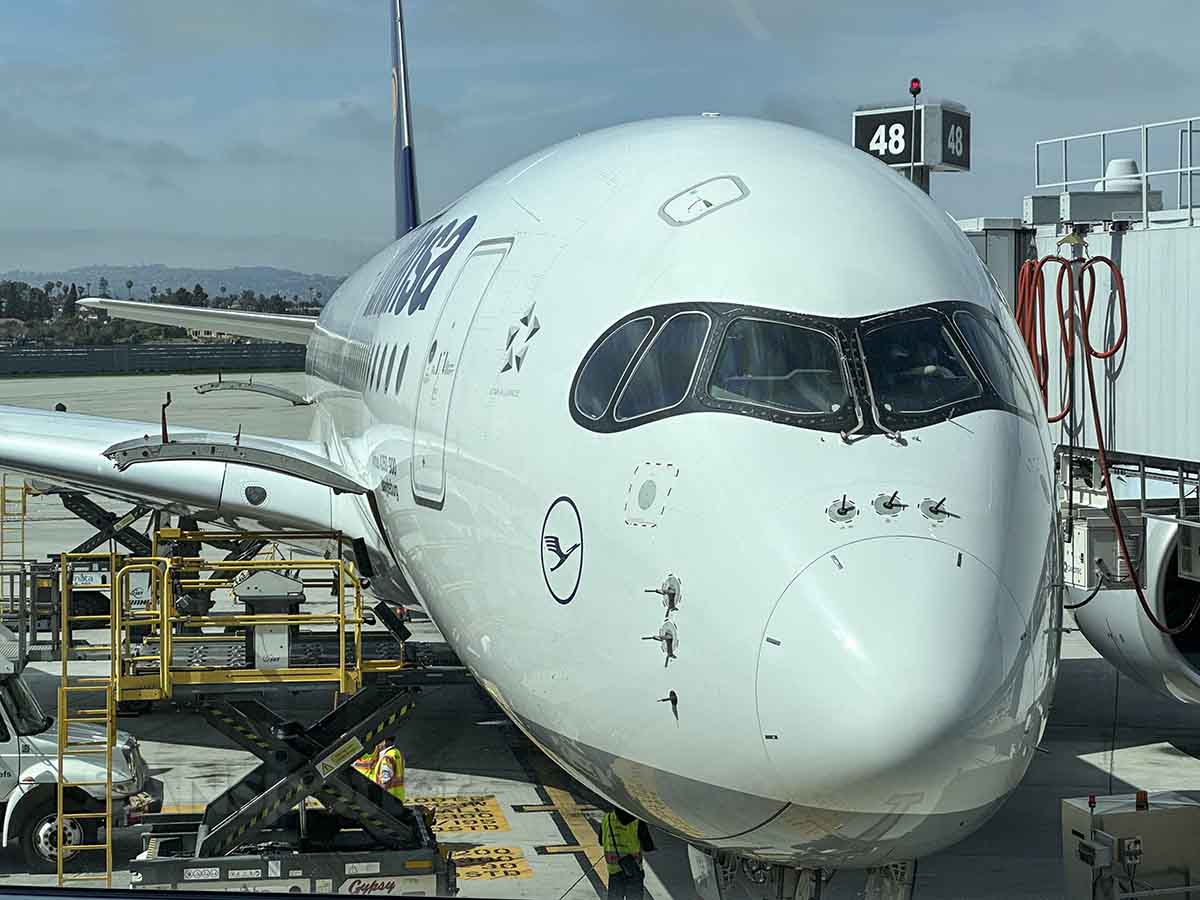 Lufthansa A350-900 nose and cockpit windows close up 