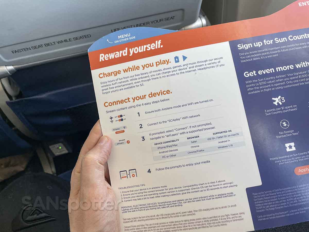 Sun country airlines in-flight entertainment menu and connection instructions
