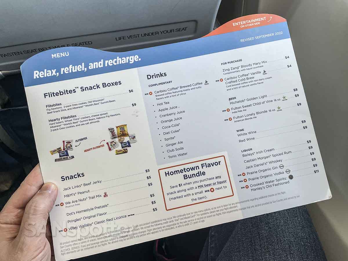 Sun country airlines food for purchase menu