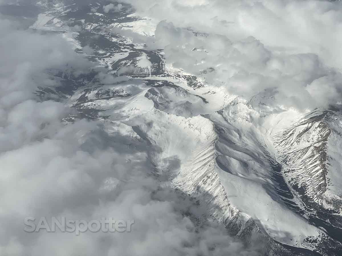 View of snowy Rocky Mountains from the air