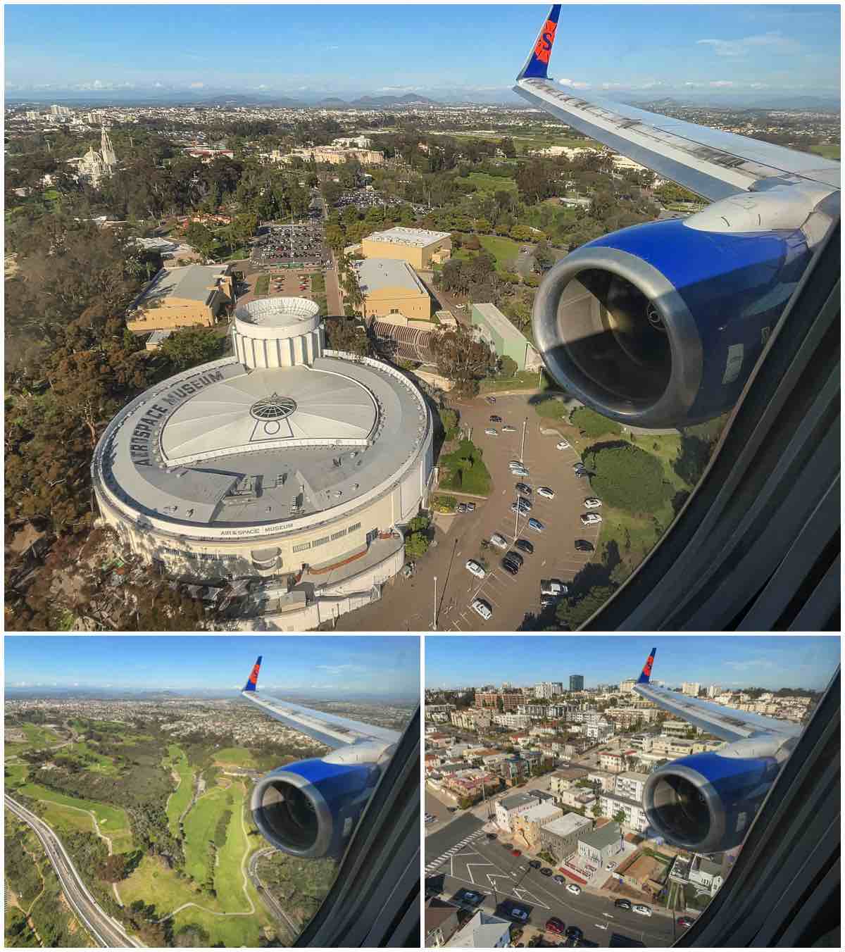 Flying over San Diego aerospace museum in a sun country 737-800