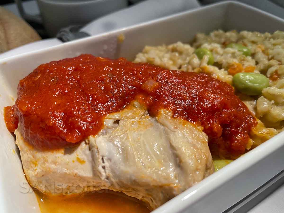 Air France long haul business class chicken and bulgur wheat meal