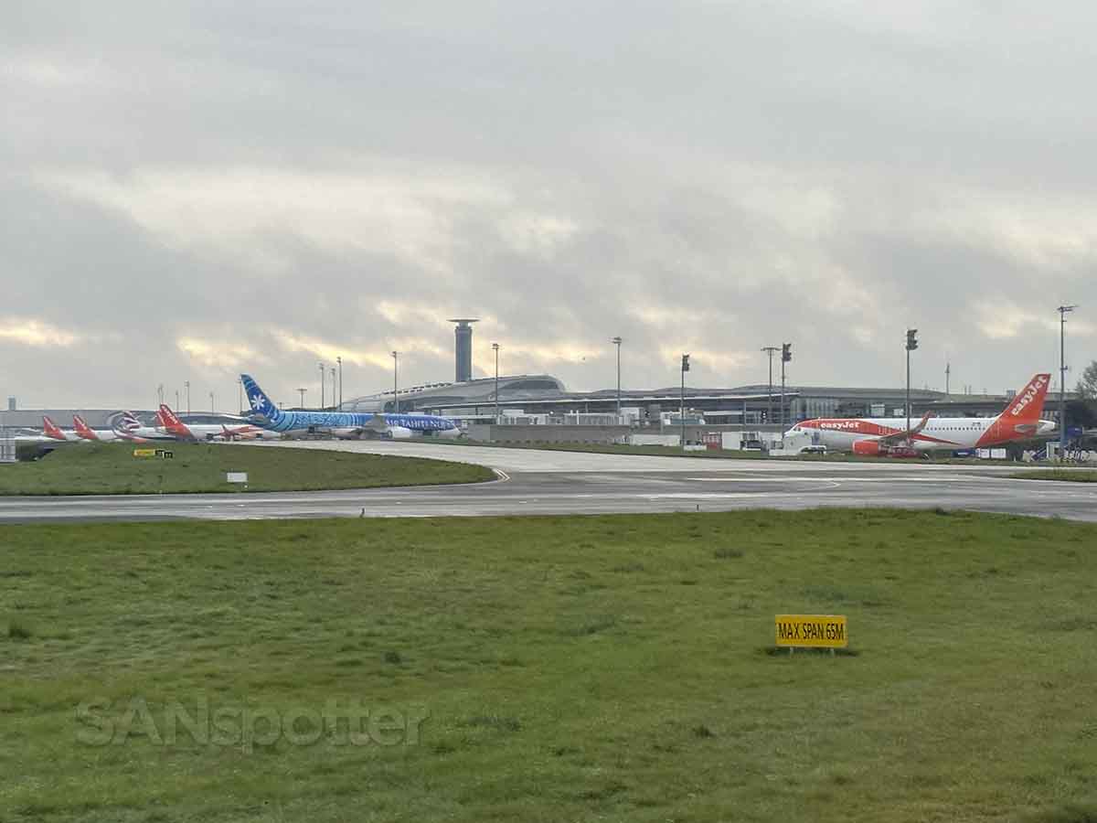 View of Paris airport terminals from taxiway 