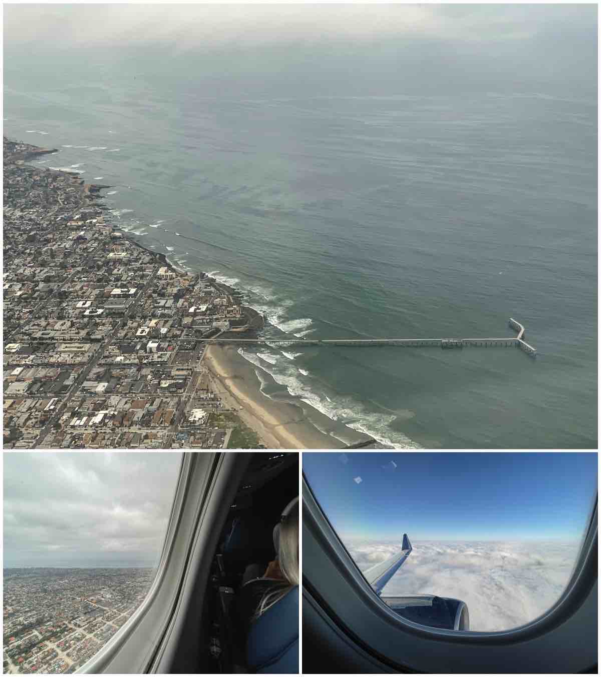 Aerial view of ocean beach pier after takeoff from San Diego airport 