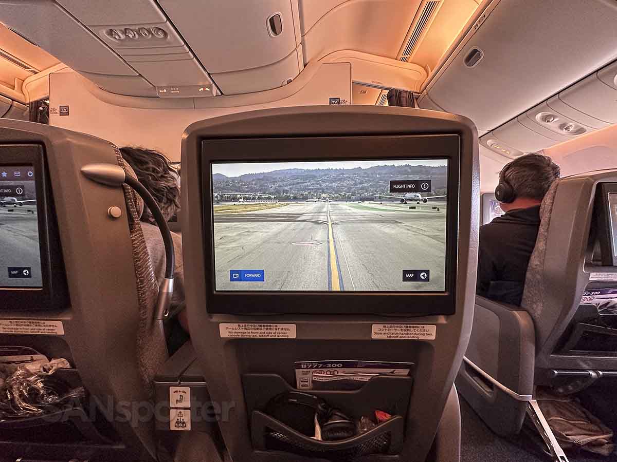 ANA 777-300ER premium economy forward facing camera view of taxi to gate
