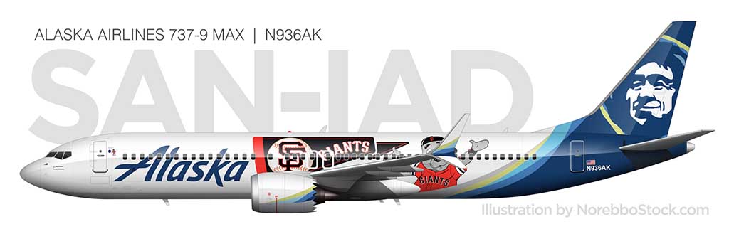 Alaska Airlines 737 MAX 9 (San Francisco Giants livery) side view N936AK