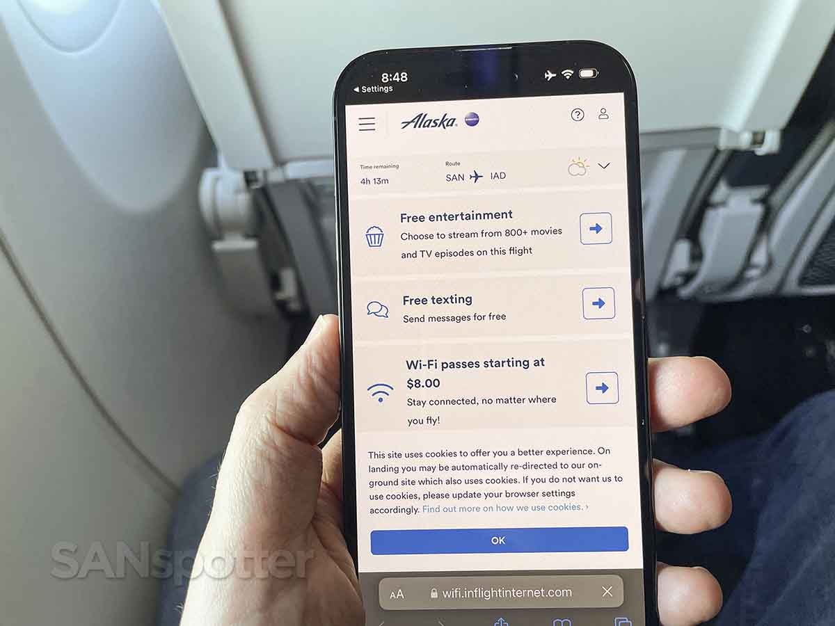Alaska Airlines 737 MAX 9 premium class in-flight entertainment menu
