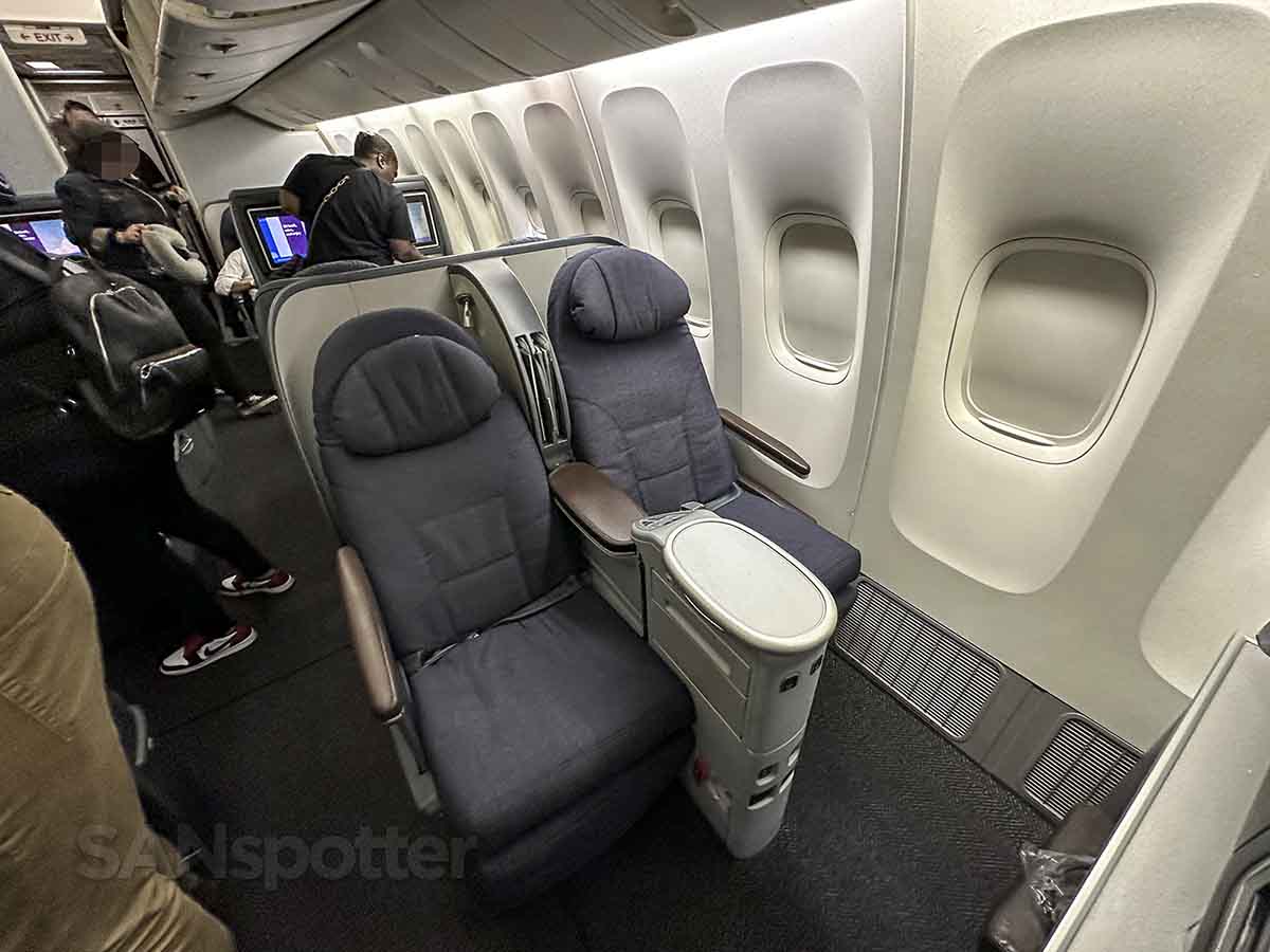 United Airlines domestic 777-200 first class backwards facing seats