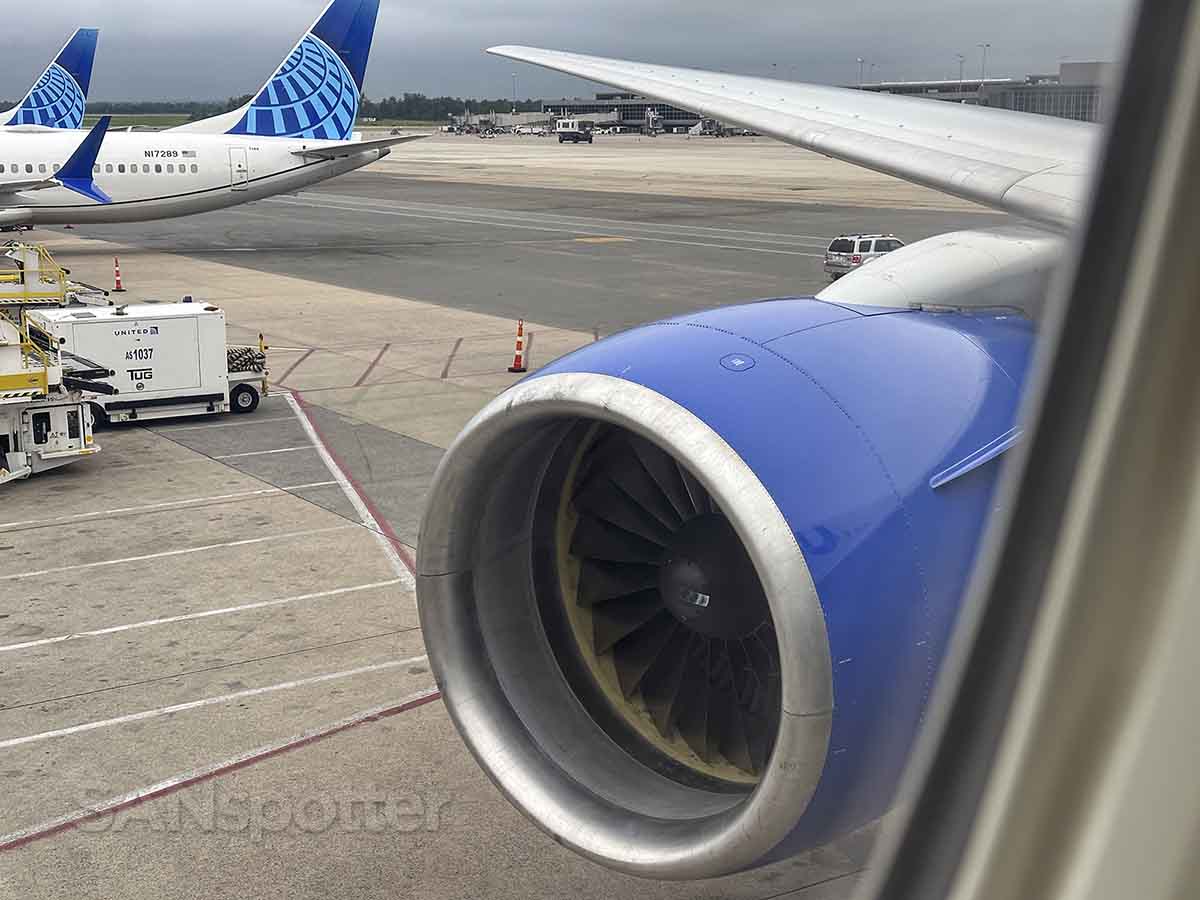 United 777–200 pushing off the gate Washington Dulles airport