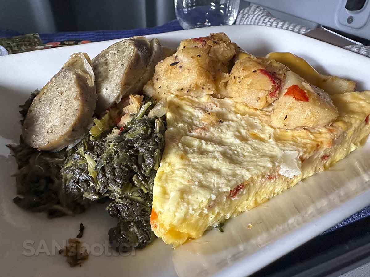 United Airlines domestic first class breakfast frittata and sausage