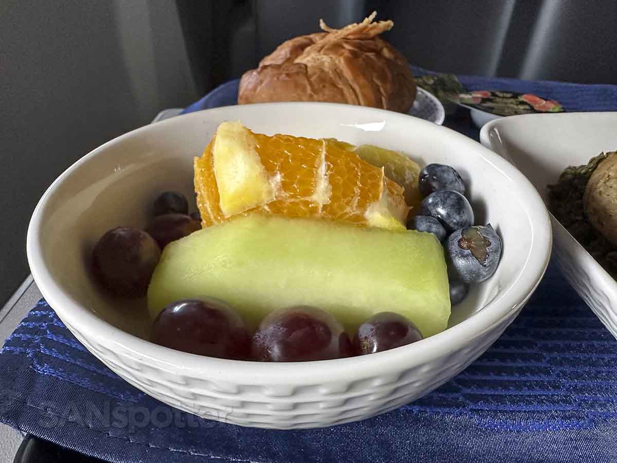 United Airlines domestic first class breakfast fruit bowl
