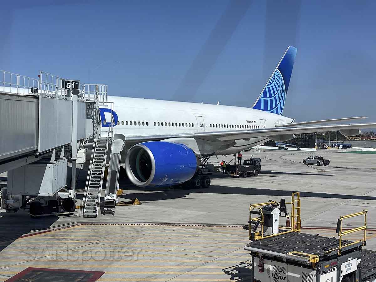 United 777–200 parked at gate 51 San Diego airport