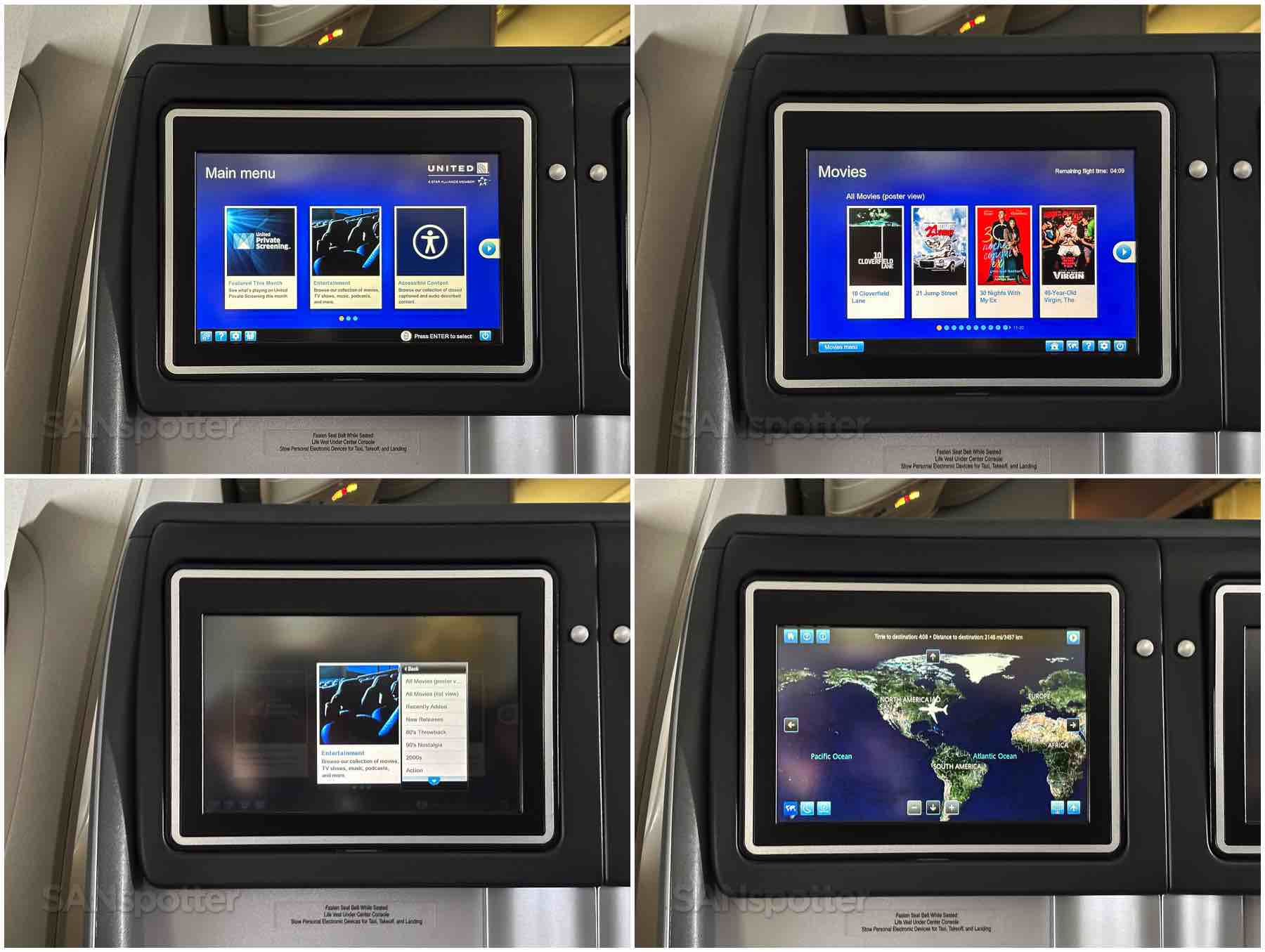 United 777–200 Domestic First Class entertainment system screens