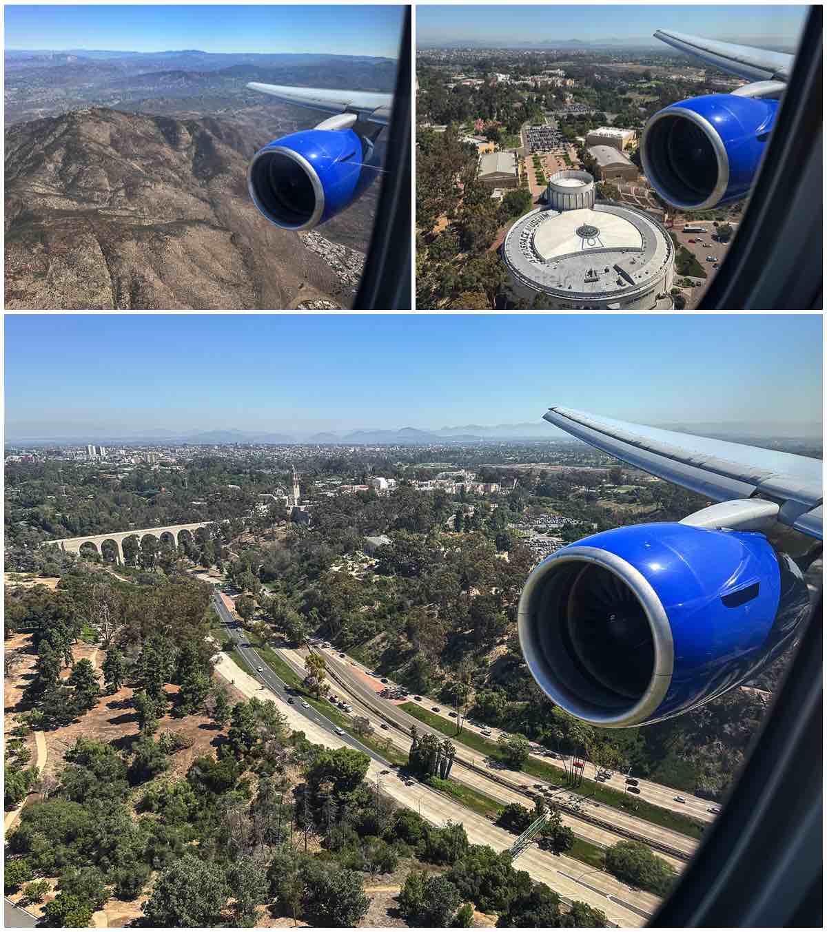United 777–200 flying over Balboa Park San Diego