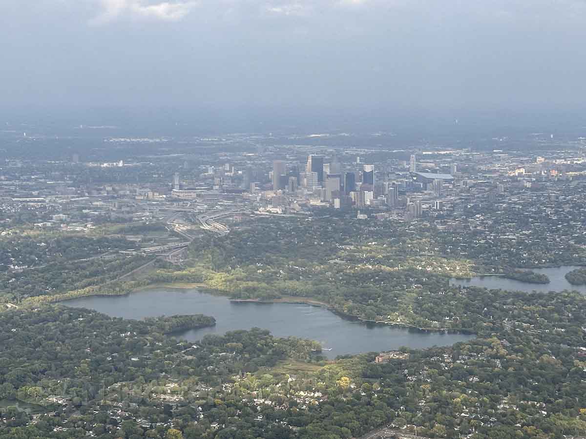 View of Minneapolis downtown skyline from the air