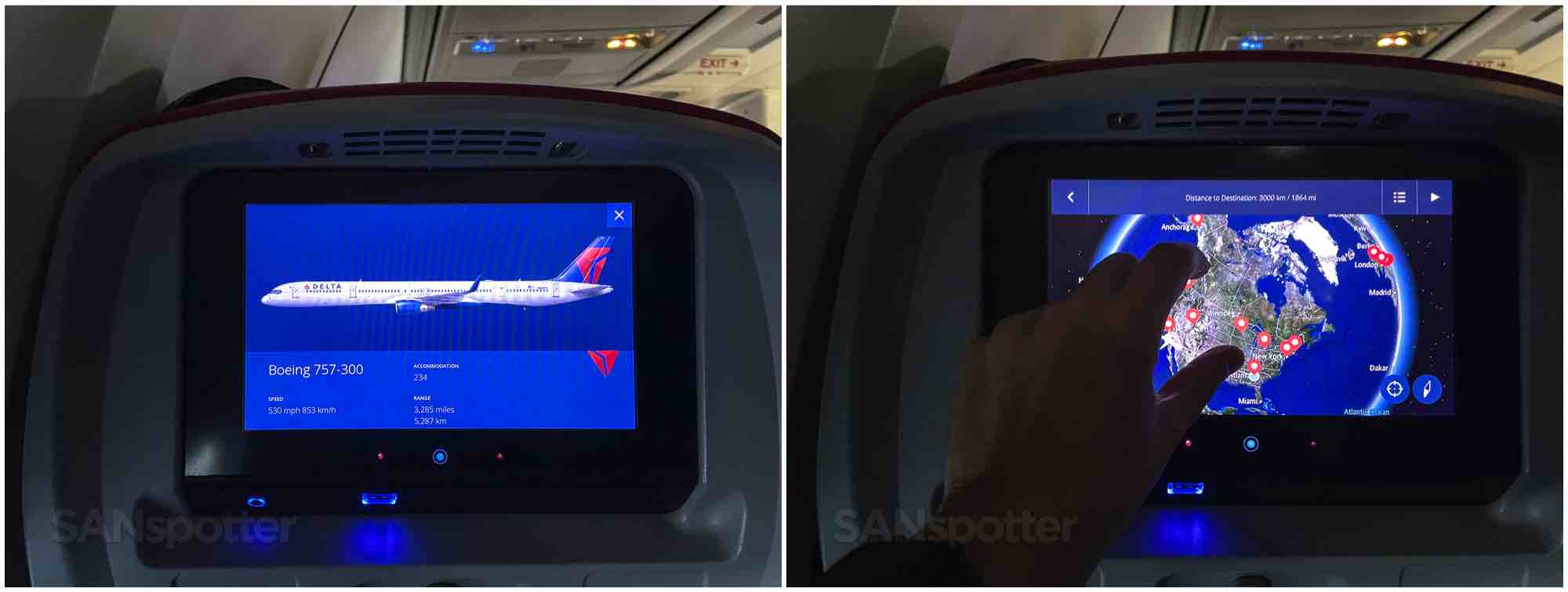 Delta 757-300 Comfort Plus aircraft information and map screens