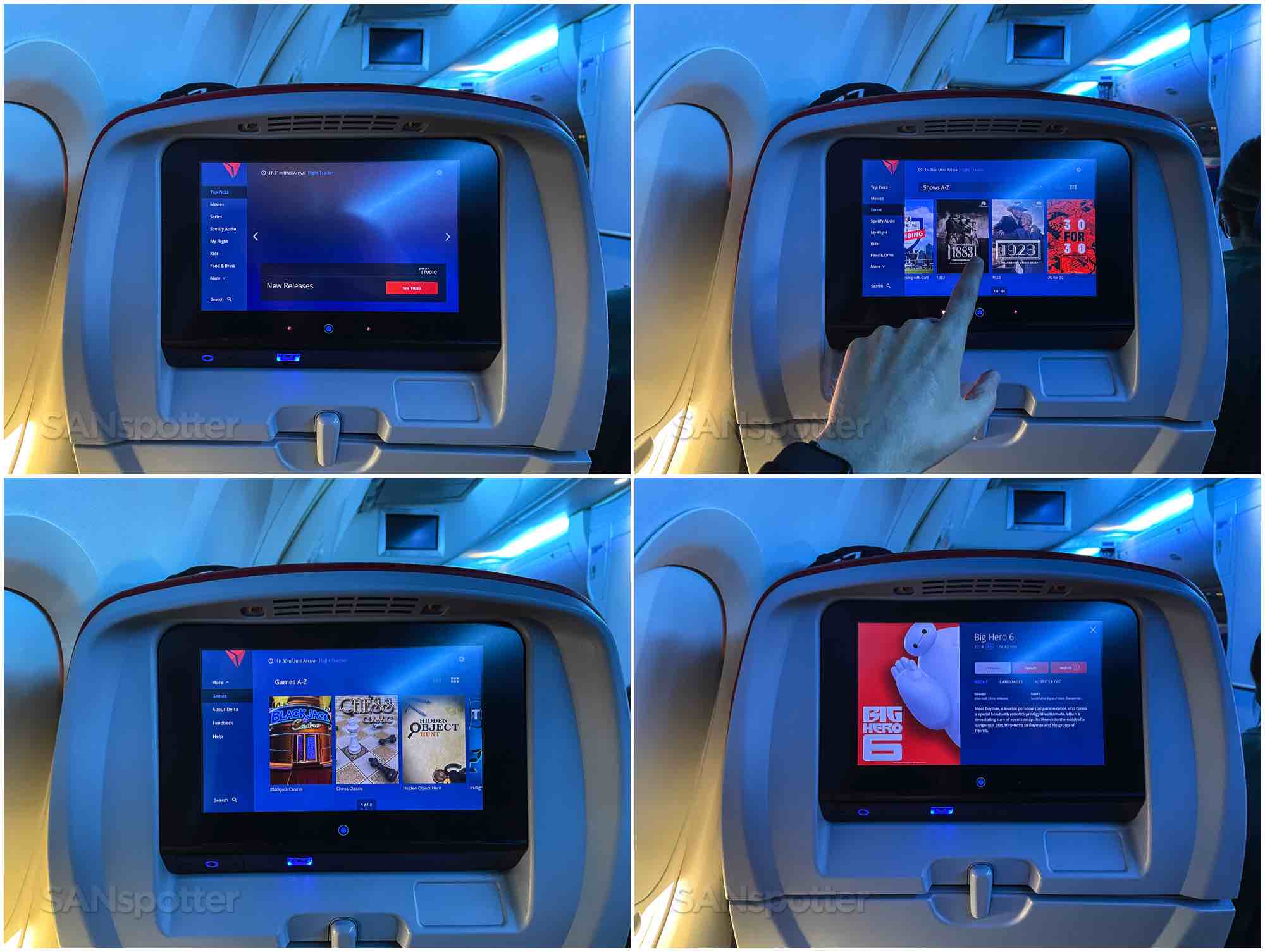 Delta 757-200 Comfort Plus Delta in-flight entertainment screens and menus
