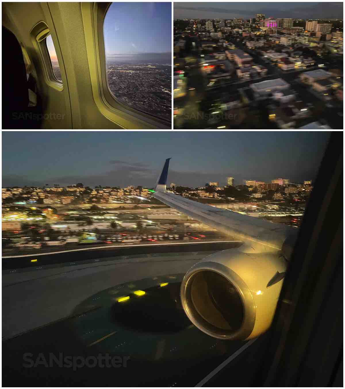 United 737-800 landing in San Diego at dusk