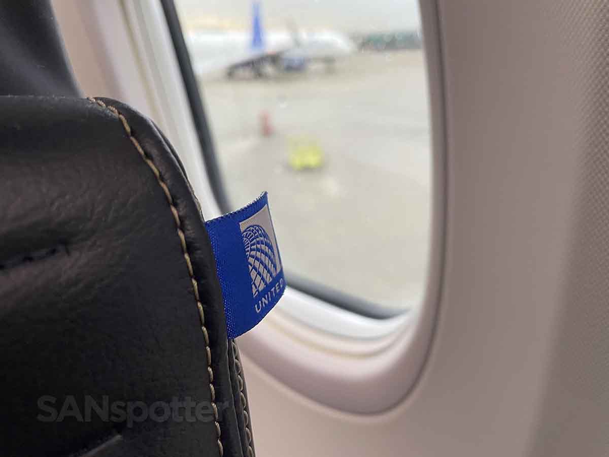 United Airlines tag on 737 MAX 9 first class seat headrest