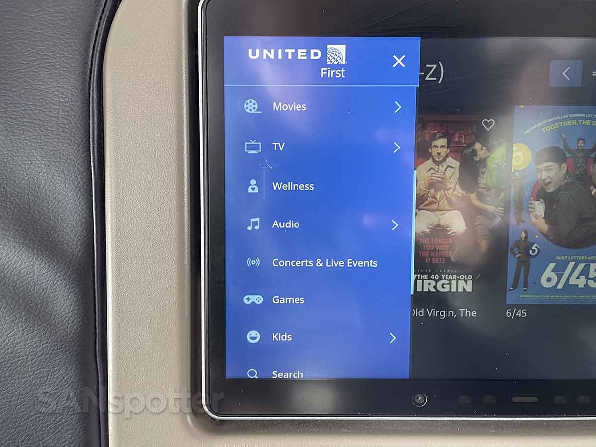 United 737 MAX 9 first class in-flight entertainment menu
