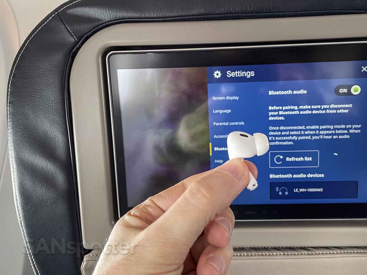 United 737 MAX 9 first class in-flight entertainment Bluetooth headphone pairing