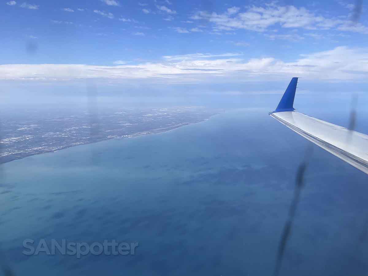Approaching the western shore of Chicago over Lake Michigan in a united CRJ-200
