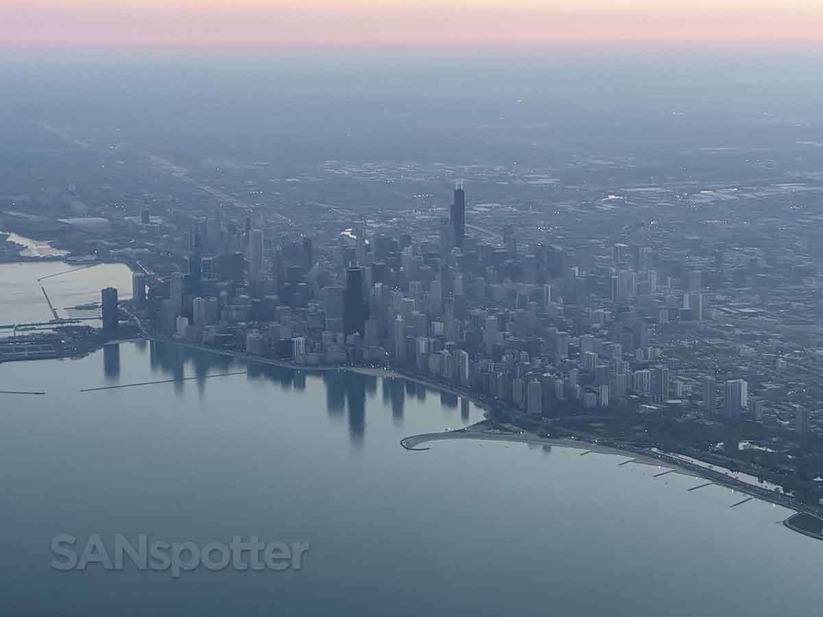 Flying over downtown Chicago at sunset