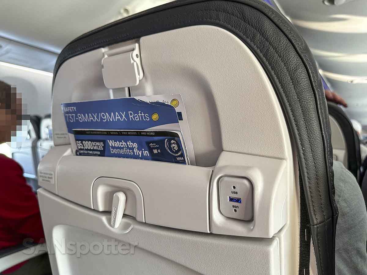 Alaska Airlines 737 MAX 9 economy USB ports and safety cards