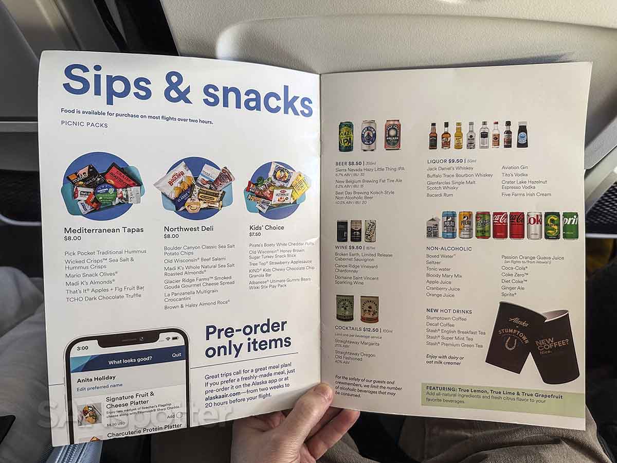 Alaska Airlines 737 MAX economy food and drink menu