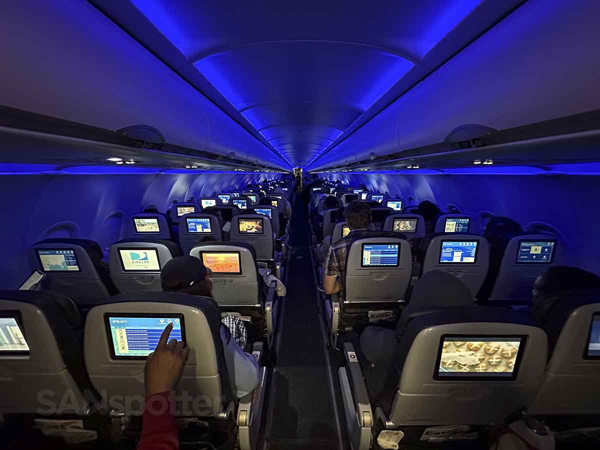 JetBlue A320 interior with blue mood lighting