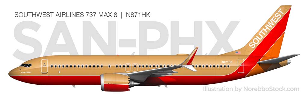 Southwest Airlines 737 MAX 8 Herbert D. Kelleher Desert Gold retro livery side view