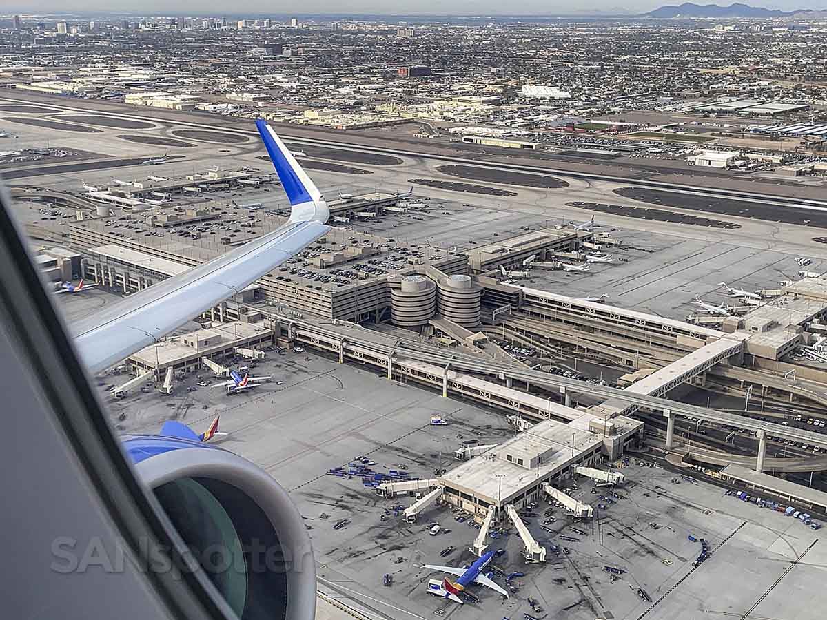 View of PHX airport terminals after takeoff in a United A321neo