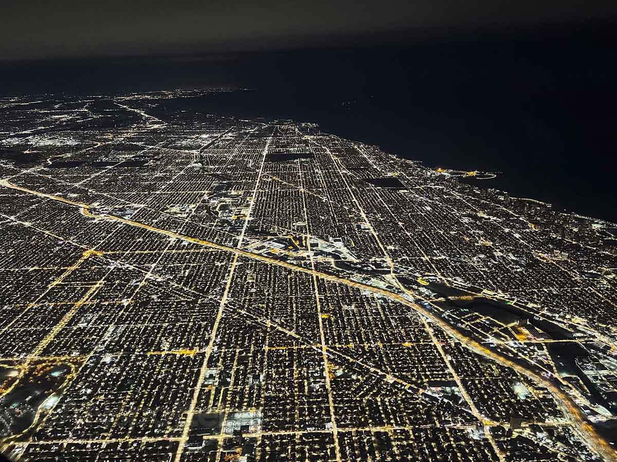 Flying over downtown Chicago at night