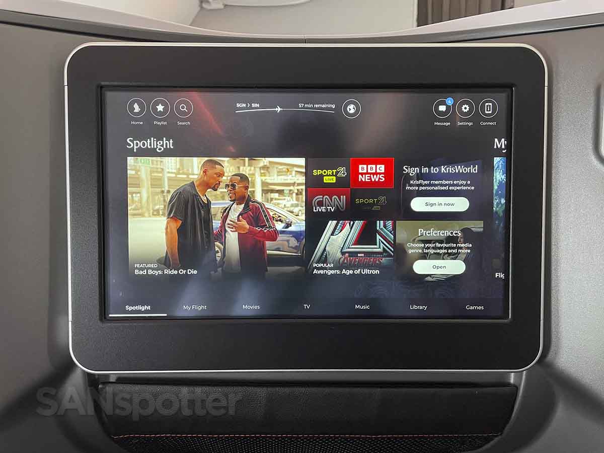 Singapore Airlines 737 MAX 8 business class in-flight entertainment home screen
