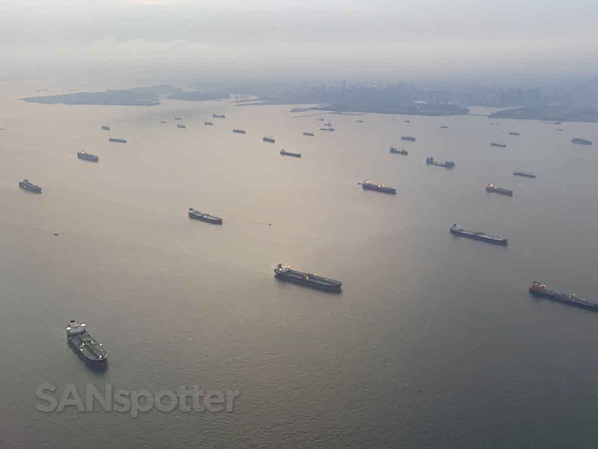 Flying over cargo ships on approach to Singapore Airport