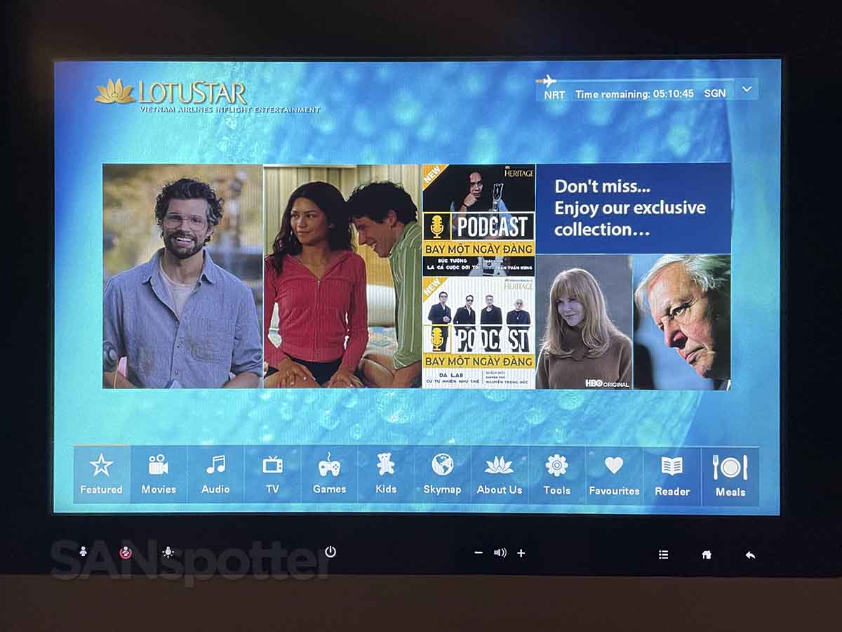 Vietnam Airlines 787-9 business class in-flight entertainment main menu