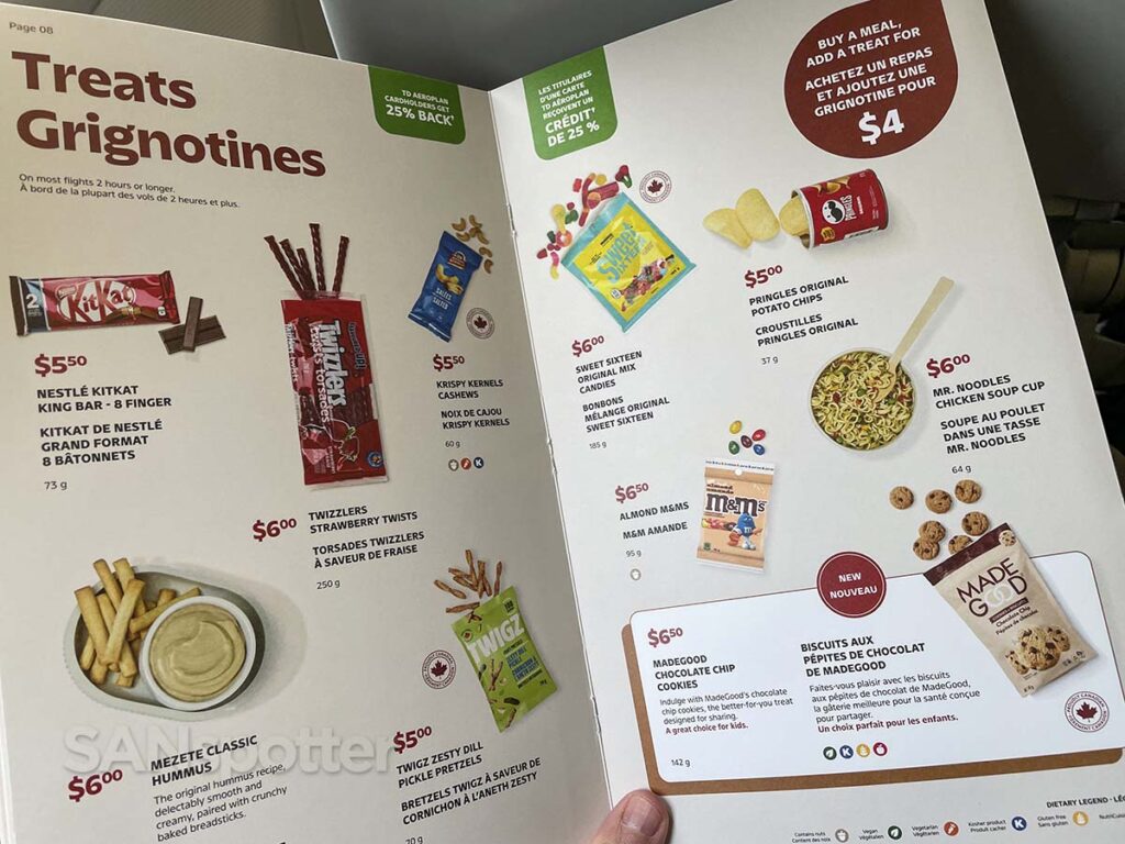Air Canada A321 economy snacks for purchase