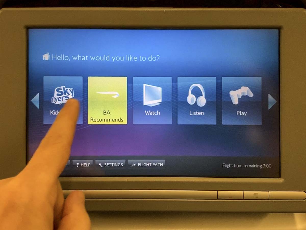 British Airways 777-300ER Economy in-flight attainment main menu screen