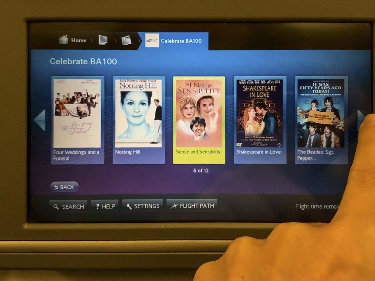 British Airways 777-300ER Economy in flight entertainment movies and TV shows
