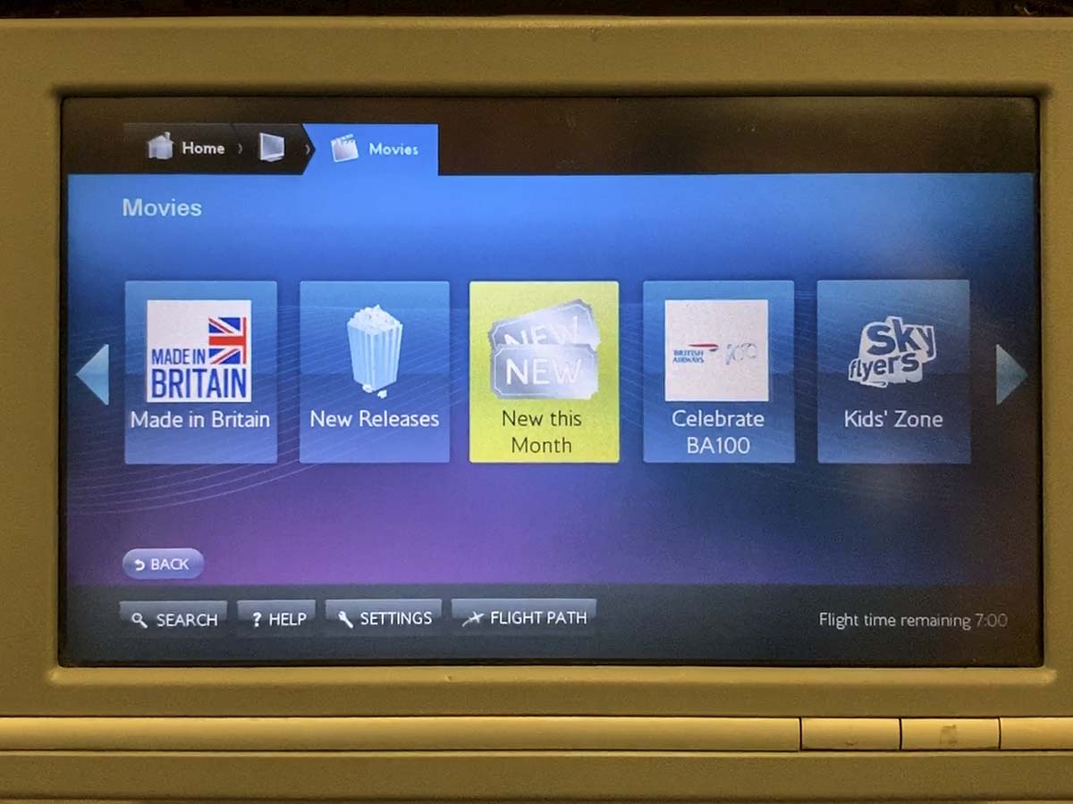 British Airways 777-300ER Economy in-flight entertainment menu options