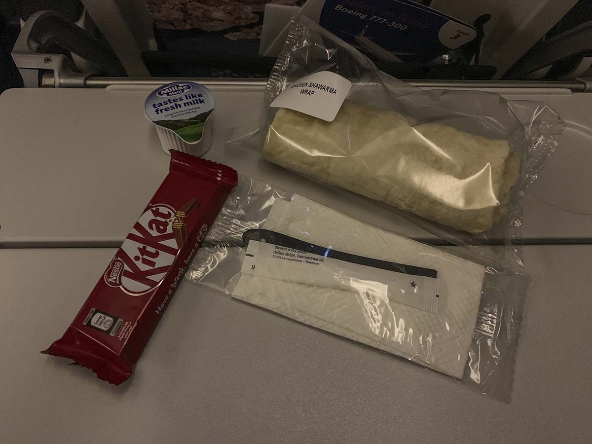 Late night after takeoff meal British Airways 777-300ER Economy