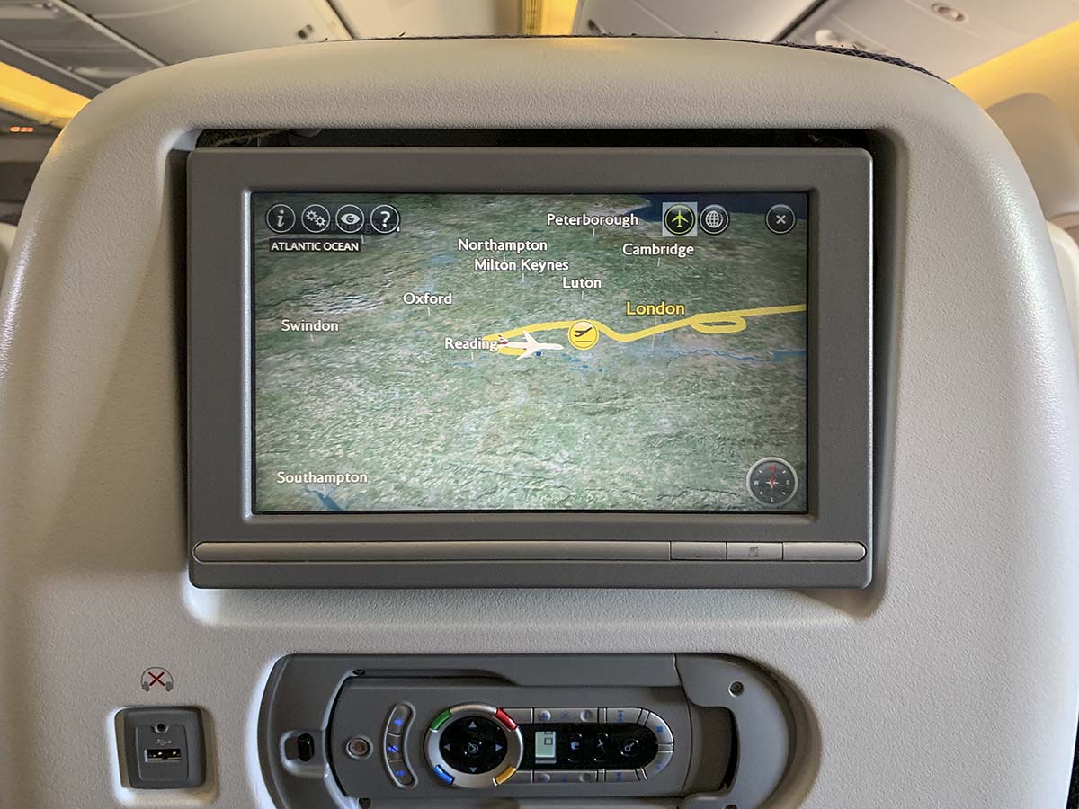 British Airways 777-300ER economy in-flight map screen showing approach to London Heathrow