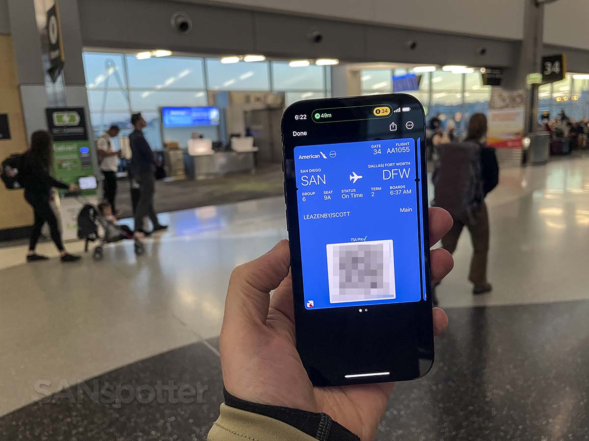American Airlines San Diego to Dallas Fort Worth economy class mobile boarding pass