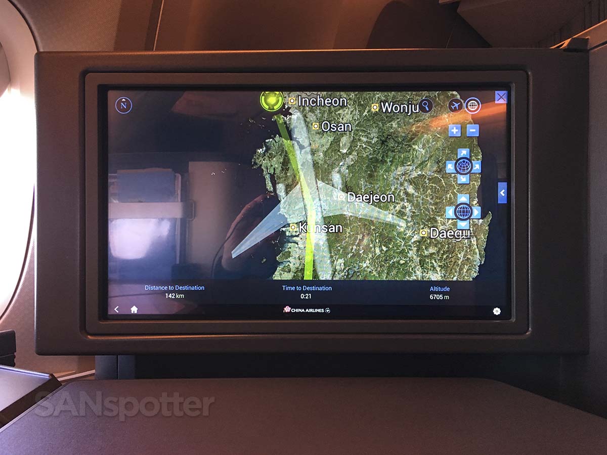China Airlines 777-300ER business class video screen map showing approach to Seoul Incheon airport