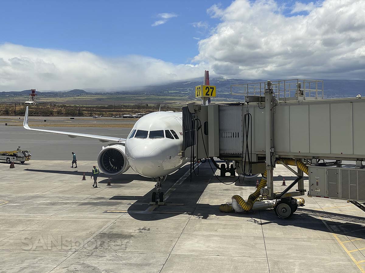 Hawaiian Airlines A321neo parked at gate 27 Maui Kahului airport