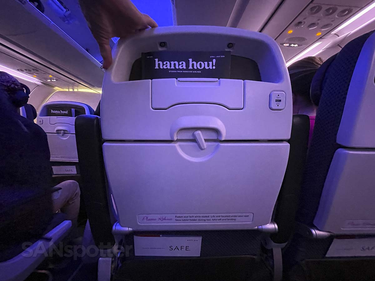 Hawaiian Airlines A321neo Extra Comfort seat back with storage pocket