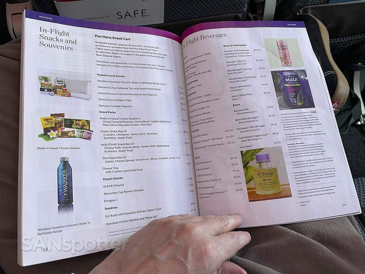 Hawaiian Airlines A321neo food for purchase menu in the in-flight magazine