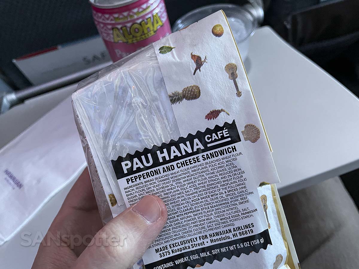 Hawaiian Airlines A321neo Extra Comfort pepperoni and cheese sandwich free meal